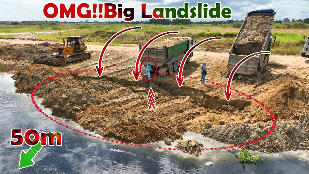 Oh Be Incredible, Landslide in deep water, repaired by 25.5T earthmoving truck with Komatsu Dozer​