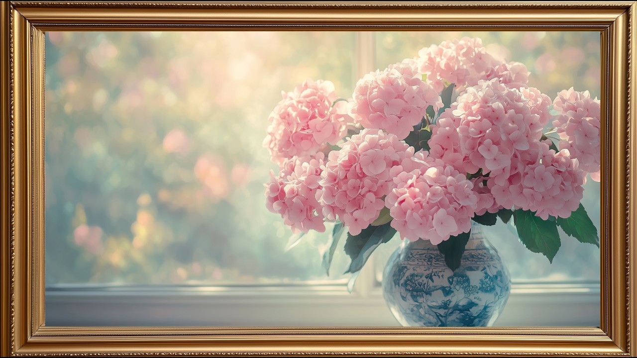 Serene Pink Hydrangea Elegance | 2 Hour Relaxing Chinoiserie Window Decor | 4K Frame TV Art