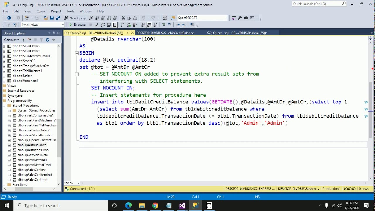 Debit Credit total in the Third Column in sql server using asp.net c#