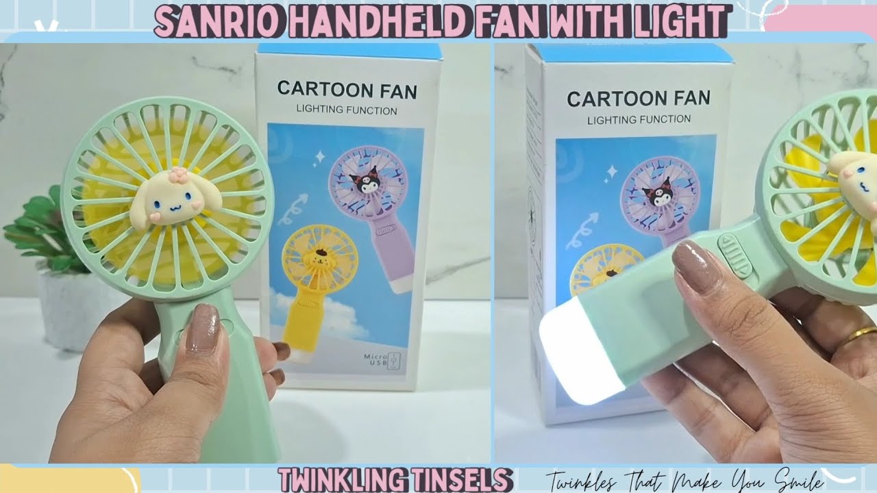 💚🐰 Sanrio Handheld Fan With Light 💡| Summer Finds 🏖️ Cinnamoroll Cartoon Kawaii Mini Cute Fan Review