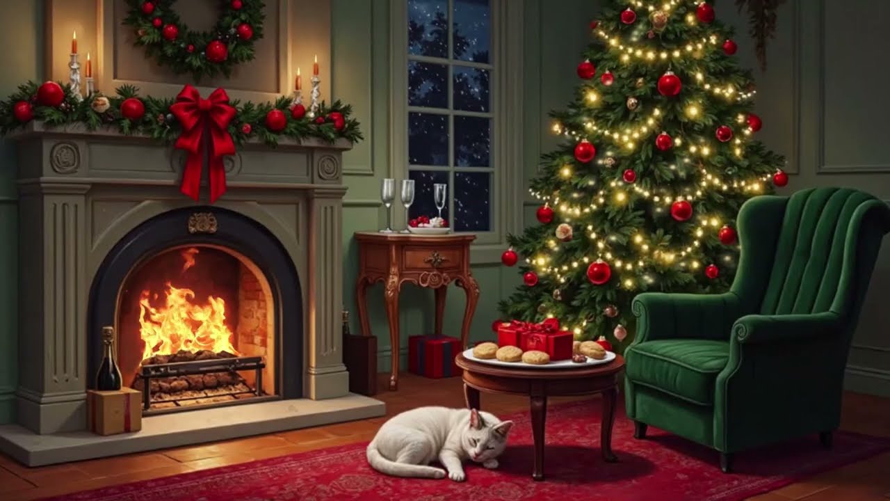 1950's Vintage Christmas Ambience 🎄 Cozy Fireplace, Classic Oldies & Crackling Fire Sounds