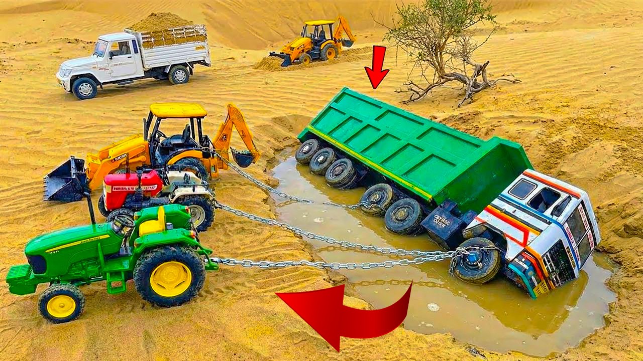 Sand Loaded TATA Dumper Truck Accident Pulling Out Mahindra Tractor JCB 3DX