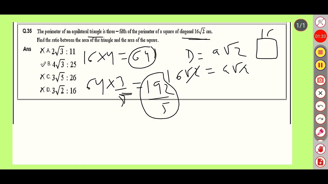 The perimeter of an equilateral triangle is three-fifth of the perimeter of a square whose diagonal