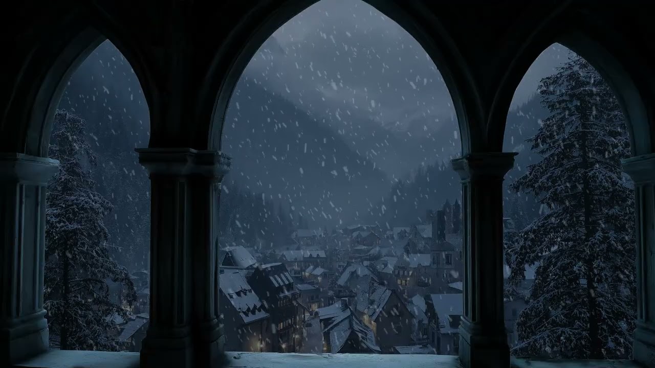 (No Ads) Snow Falling Over a Medieval Winter Night Village | Window Ambience