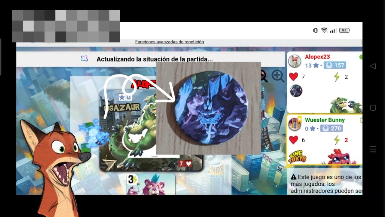 Partida en la BGA: King of Tokyo (2 jugadores).