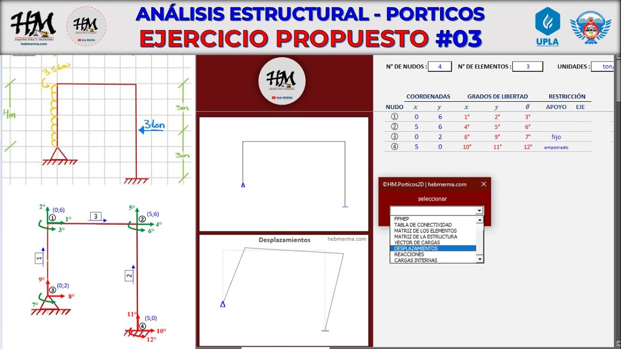 Ejercicio Propuesto de PORTICO por METODO MATRICIAL DE RIGIDEZ N°03 | ©HM Porticos2D | #HebMERMA