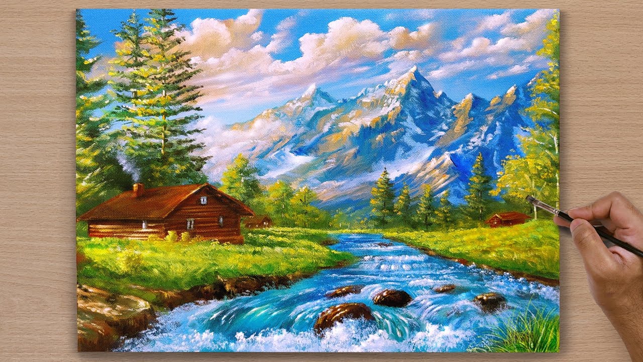 How to Draw a House by the Stream / Painting Beautiful Landscapes / Acrylic Painting Tutorial #122