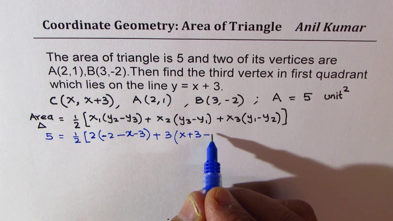 Given A(2, 1) B(3, -2) find third Point on Line y = x + 3 for area of triangle to be 5 Challenge