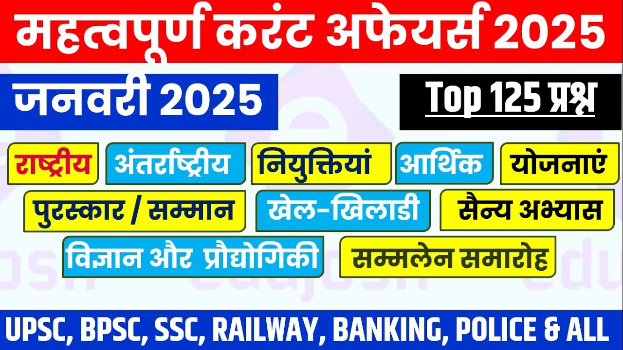 Edujosh: जनवरी 2025 के 100+ सबसे महत्वपूर्ण करेंट अफेयर्स प्रश्न | सभी प्रतियोगी परीक्षाओं के लिए