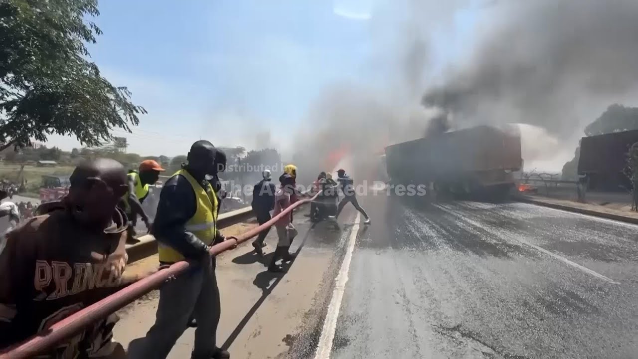 Road collision involving fuel tanker causes huge fire in Kenyan capital, killing at least one