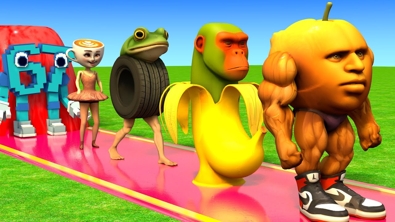 Длинная горка с коровой, слоном, гориллой, бегемотом, тигром, 3D-игра с животными, забавные 3D-жи...