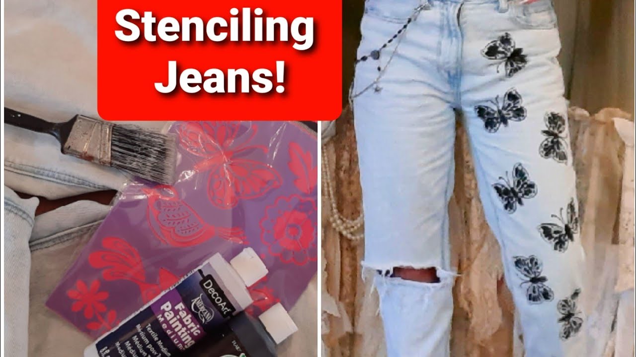 How to stencil paint a pair of jeans.