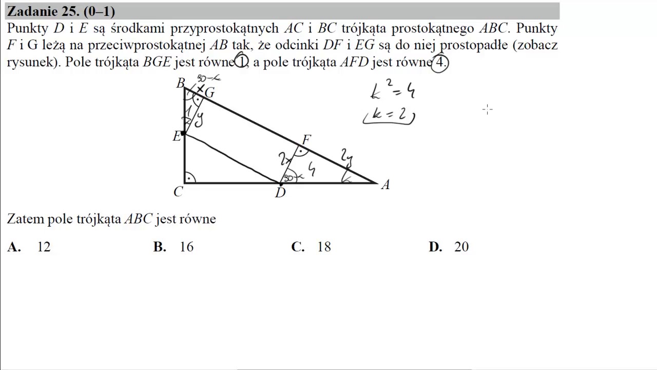 Matura czerwiec 2016 zadanie 25 Punkty D i E są środkami przyprostokątnych AC i BC trójkąta