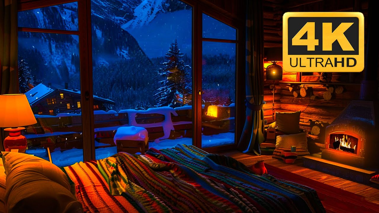 Sueño Profundo con Sonidos de Tormenta y Chimenea | Ambiente Acogedor de Invierno en 4K ❄️
