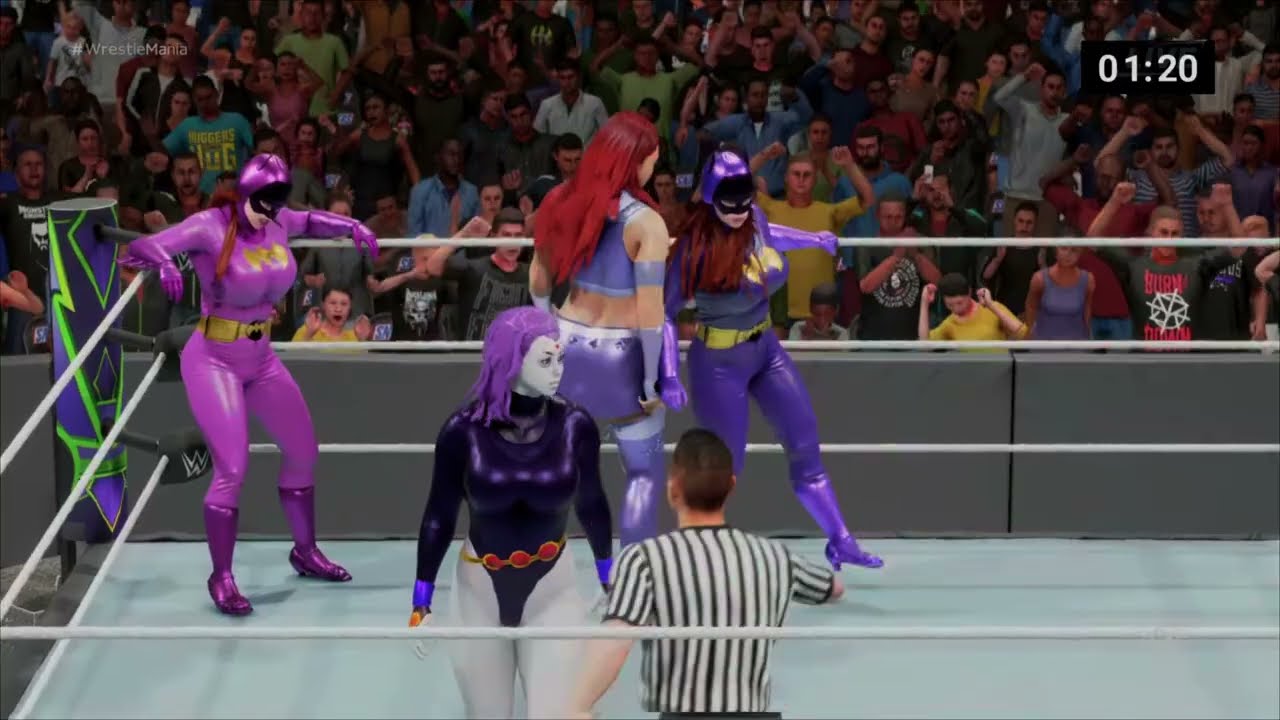 (REQUEST) TAG TEAM: BATGIRL PURPLE & BATGIRL PINK VS RAVEN & STARFIRE ( iron man BEARHUG match)