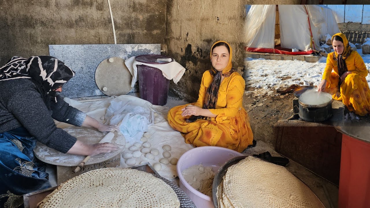 A hardworking woman in a tent, cooking local food and bread.