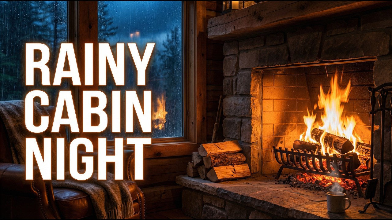 Rainy Cabin Night with Fireplace 🔥 Cozy Winter Storm Ambience