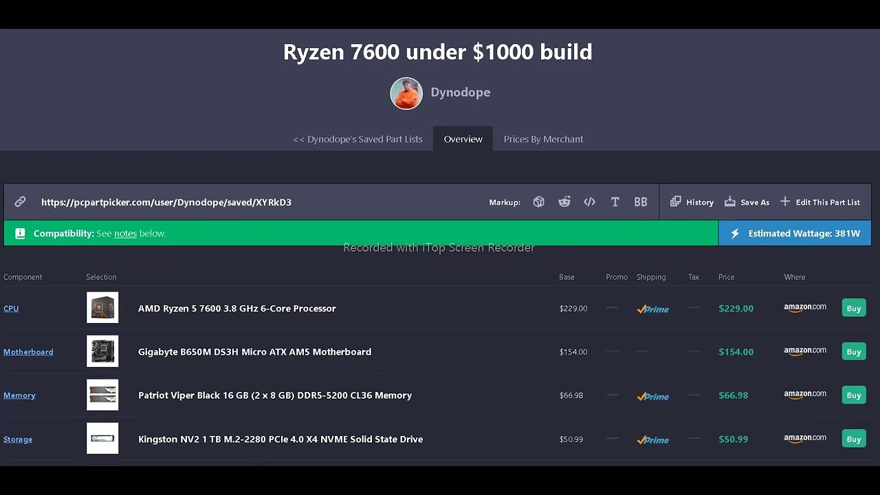 PCPP list 8 - Under $1000 Ryzen 5 7600 build