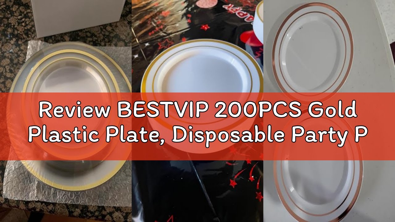 Review BESTVIP 200PCS Gold Plastic Plate, Disposable Party Plates with 100 Dinner Plates and 100 Des