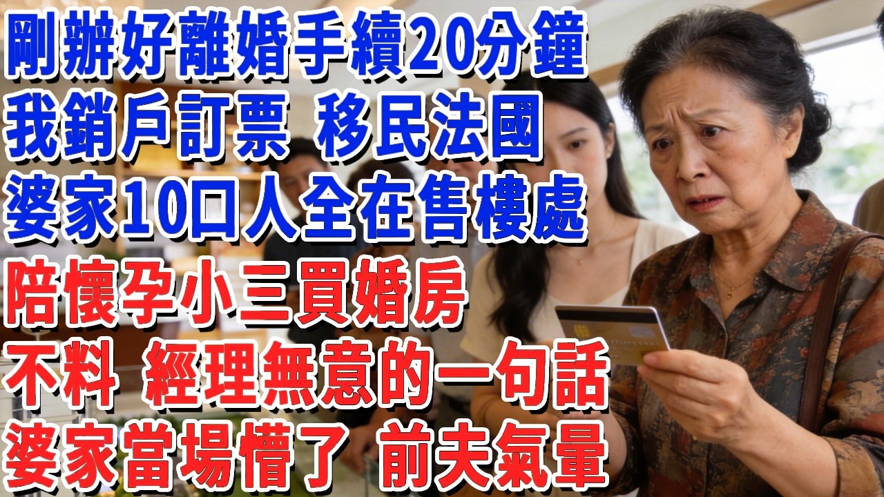 剛辦好離婚手續20分鐘，我銷戶訂票 移民法國，婆家10口人全在售樓處，陪懷孕小三買婚房，不料 經理無意的一句話，婆家當場懵了 前夫氣暈！#小娟講故事 #情感故事 #老年生活