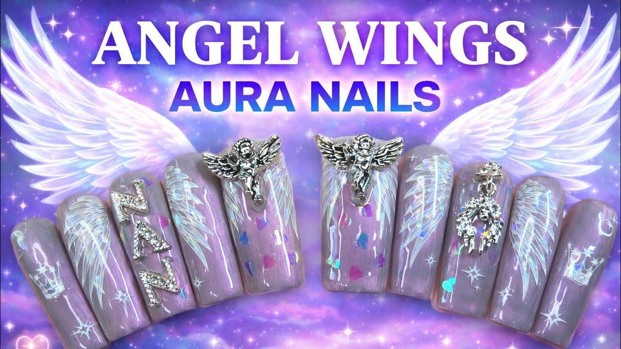 HOW TO ENCAPSULATE GLITTER ✨️😇🪽 ANGEL WINGS AURORA GEL PRESS ON NAILS #nailart #nailinspo #howto 