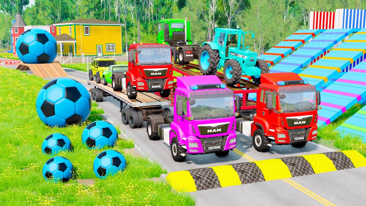Double Flatbed Trailer Truck vs Speedbumps Train vs Cars | Tractor vs Train Beamng.Drive #013