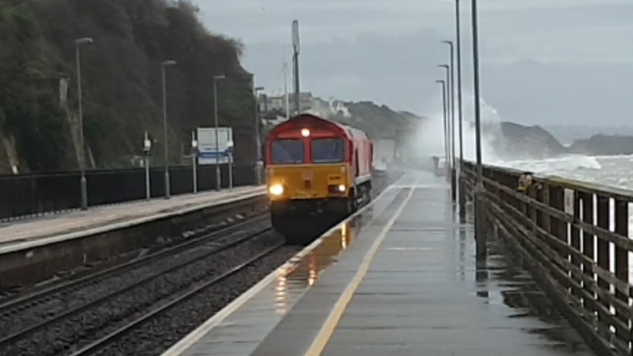 Storms and Huge Waves at Dawlish Railway Station as Class 66 hit by waves