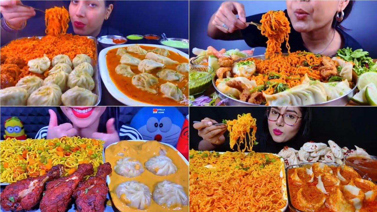 Asmr Eating 🔥 Korean Ramen Noodles Spicy Maggie Noodles Vegetables Maggie Noodles with Spicy Momos 😋