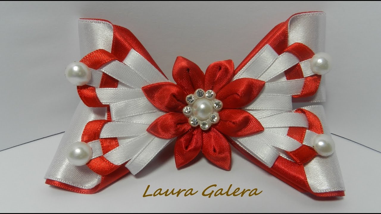Moño para el cabello con flor Kanzashi!! Hair bow with Kanzashi flower!! Laço com flor Kanzashi!!