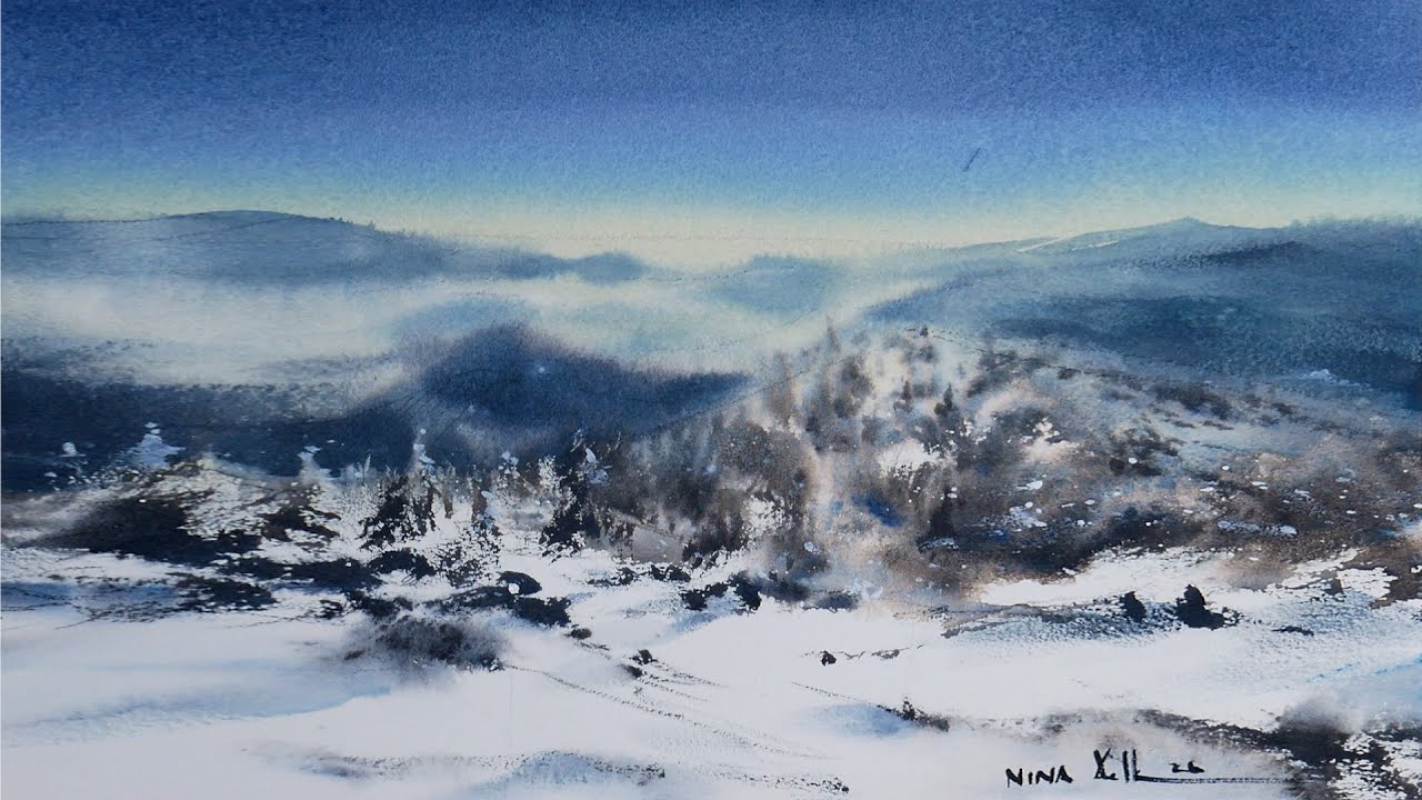 Loose Watercolor Painting Snowy Mountains Wet on Wet for Beginners by NINA VOLK