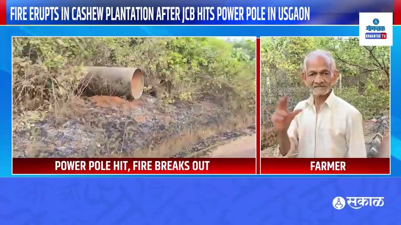 Usgaon Cashew Fire-Fire erupts in Cashew Plantation after JCB hits power pole in Usgaon |Gomantak TV