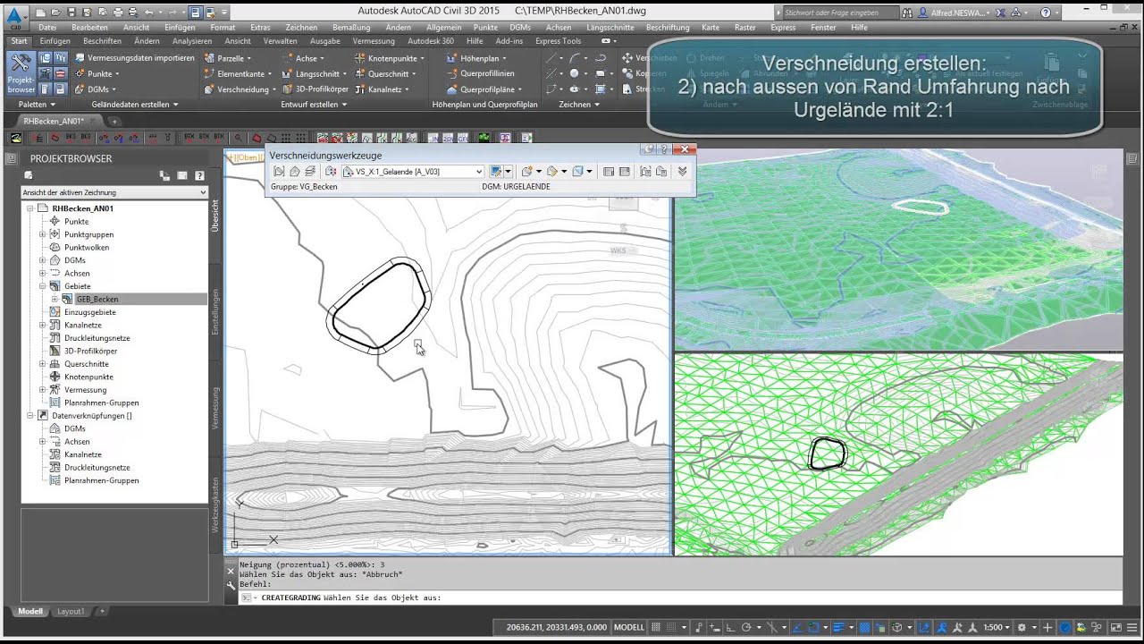 Civil 3D Rueckhaltebecken mittels Verschneidung, retention basin created with grading objects