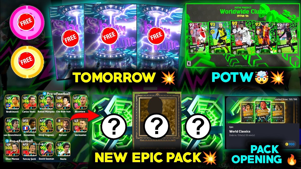 Free show time tomorrow 💥 | Free coins & free tries 🔥 | New epic pack✅ | New potw🤯 | Efootball