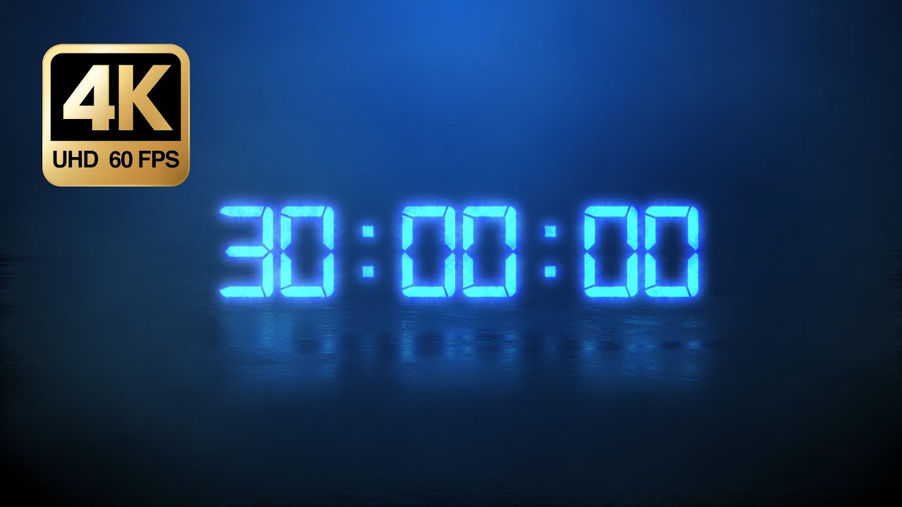 30 Minute Countdown Timer 4K • Blue Digital Clock • Pomodoro Focus Background (No Music)