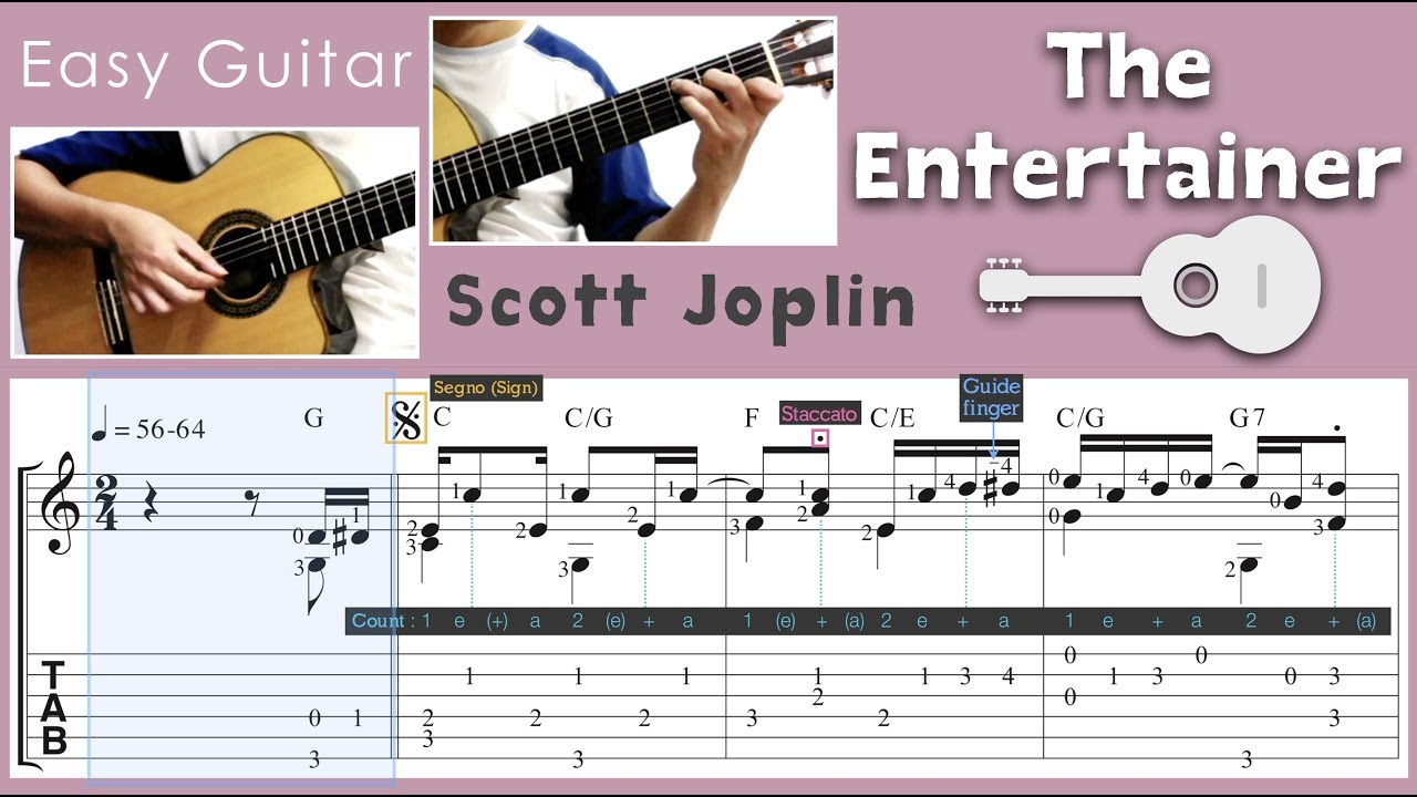 The Entertainer / Scott Joplin (Easy Guitar) [Notation + TAB]