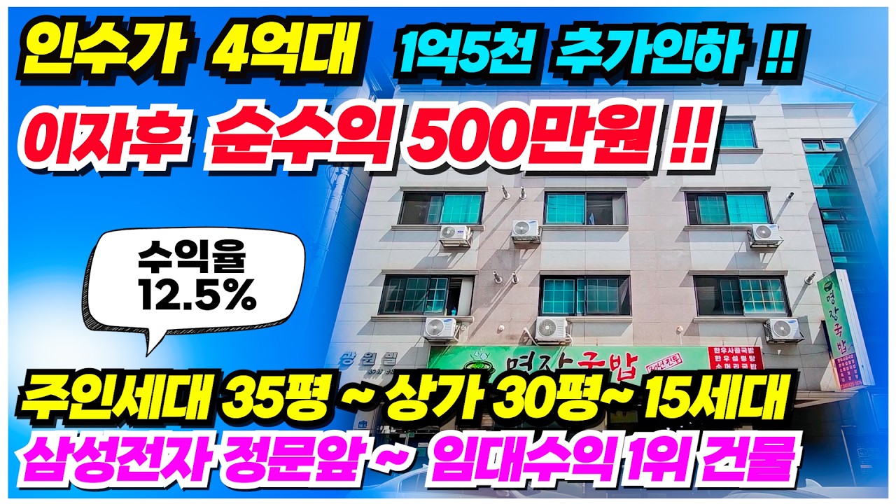 no.985 (1억5천 추가인하)  상가주택 급매물 아산 삼성사업장 도보1분, 월수익 565만원 수익율 12 3% 주인세대 35평 등 올 리모델링된 수익형 상가주택