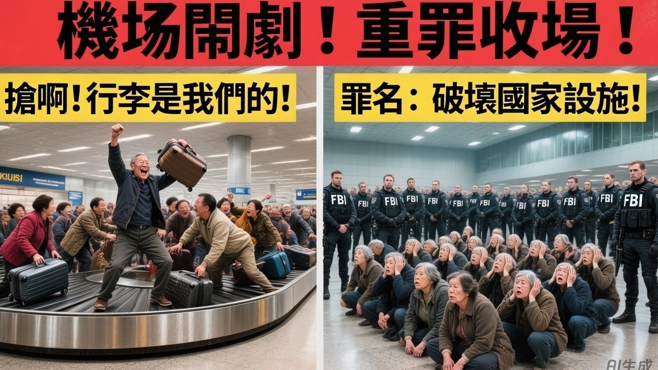 不就是拿個行李嗎？ 中國大爺大媽團在紐約機場為搶行李集體跳上傳送帶，結果被FBI以威脅關鍵基礎設施重罪逮捕，全員遣返並終身禁入美國！