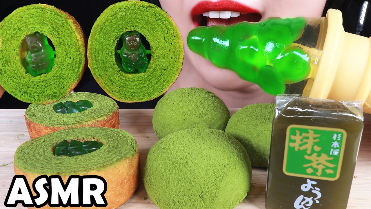 ASMR MATCHA GREEN TEA PARTY TREE CAKE MOCHI JELLY GUMMY CANDY 大福 ケーキ グミ ゼリーを食べる 咀嚼音 녹차 케이크 찹쌀떡 젤리 먹방