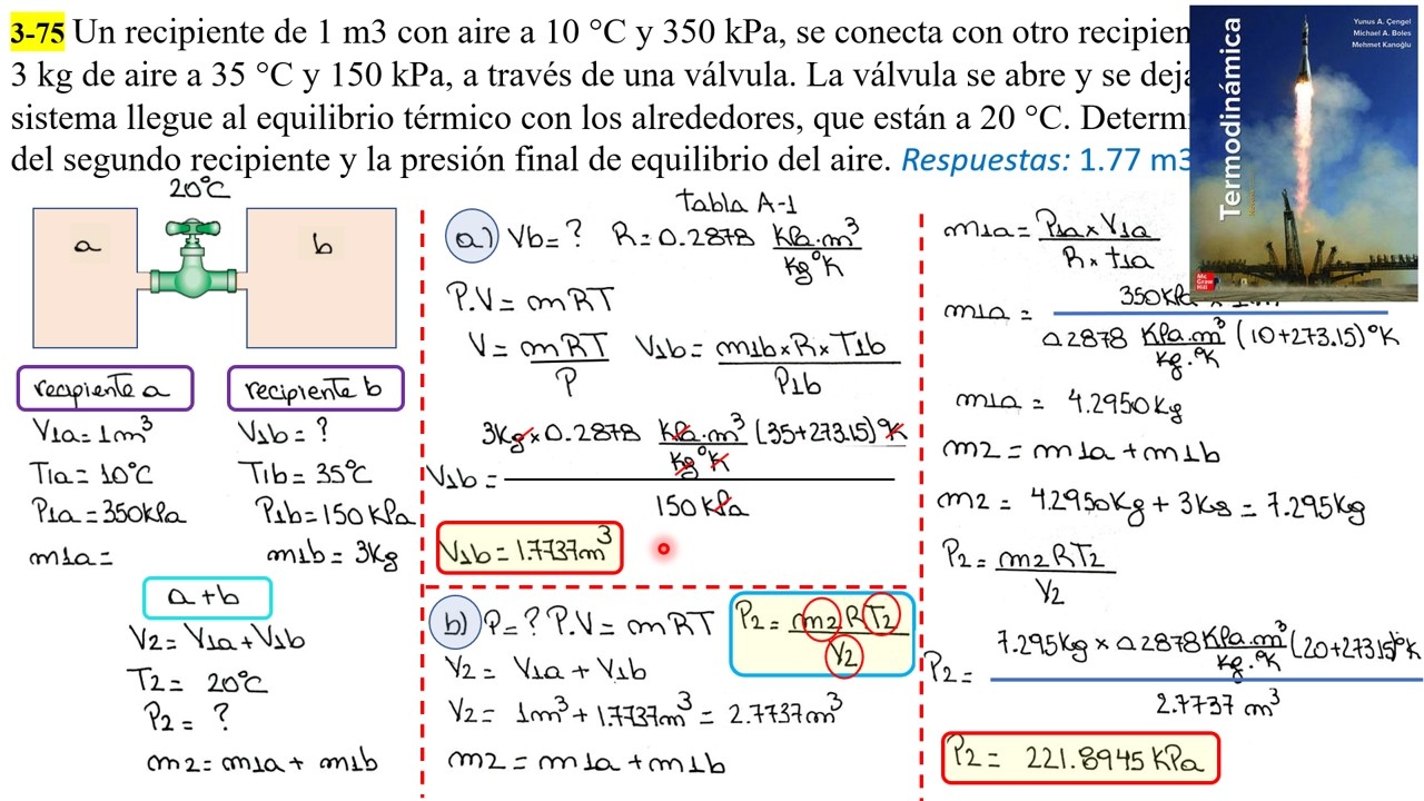 Termodinamica Cengel 3-75 (9na Edic). Aire. Gas Ideal. Hallar volumen y Presión de equilibrio