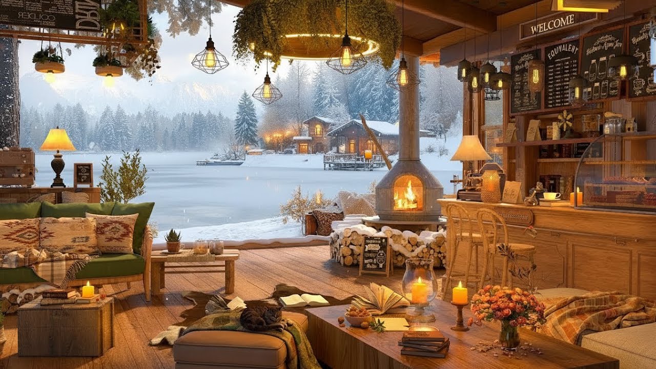 Peaceful Winter Coffee Shop by the Lake ❄️☕ Romantic Winter Fireplace