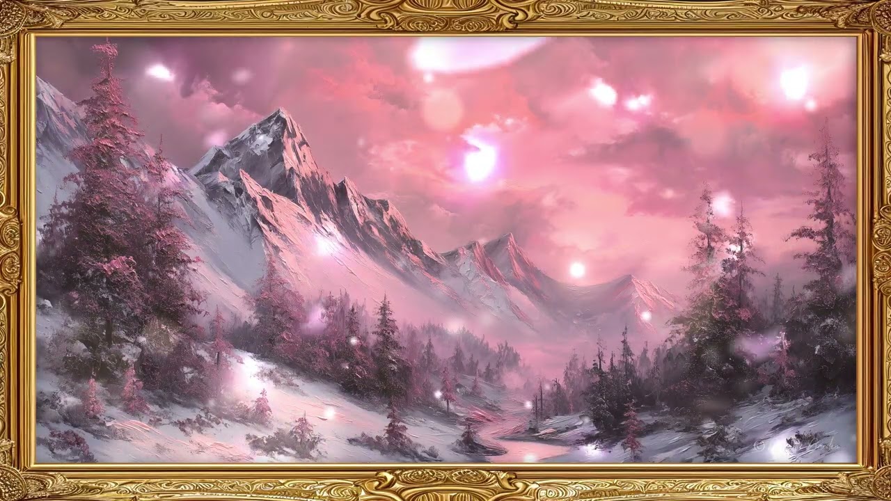 🌸 Pink Winter Mountain Scenery | Gold Frame TV Art with Relaxing Piano Music in 4K