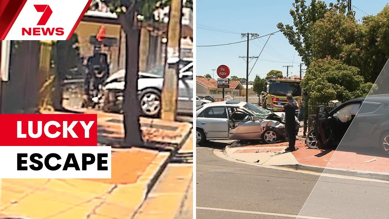 Mobility scooter rider escapes dramatic Woodville Gardens crash | 7NEWS
