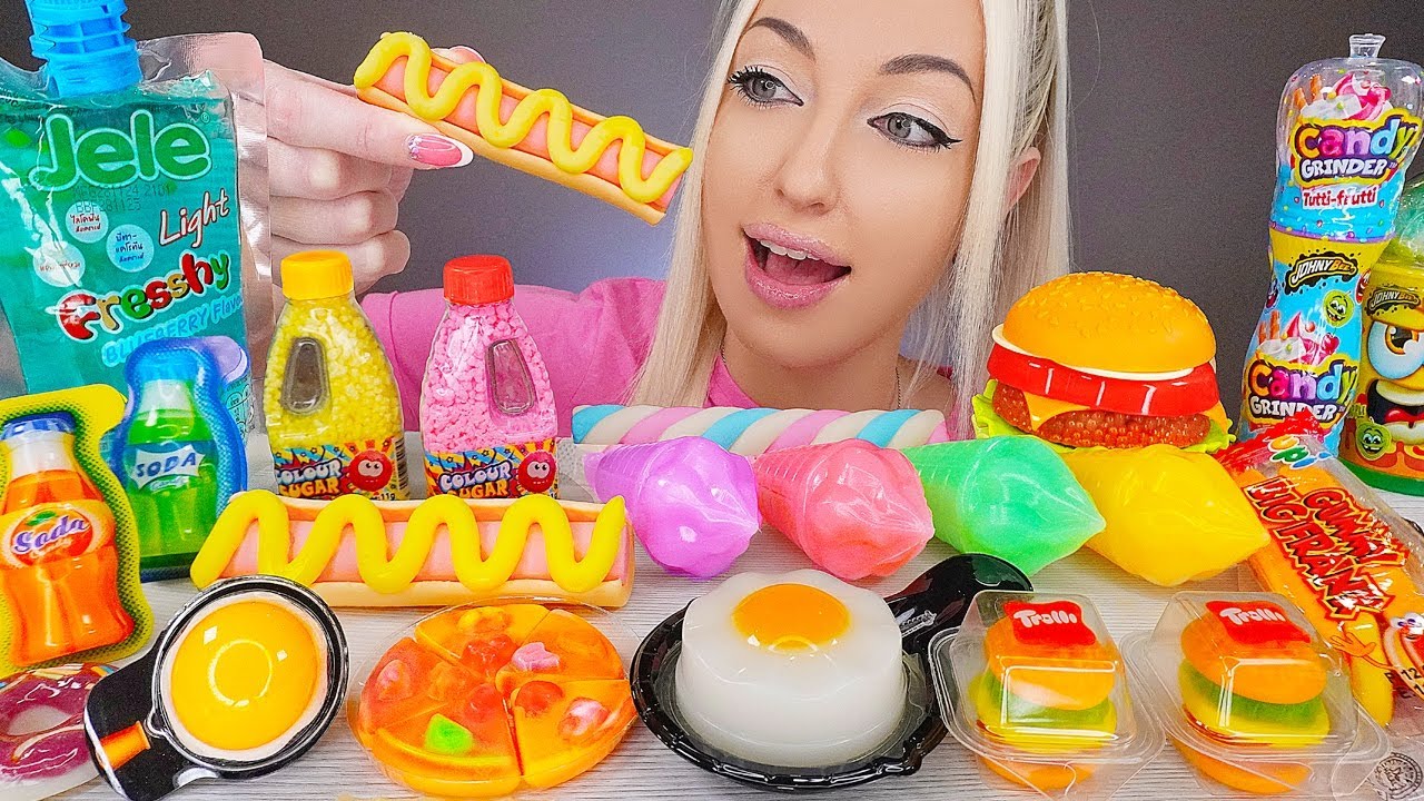 ASMR CANDY GUMMY FAST FOOD, JELLY FRIED EGG, LOLLIPOP, RAINBOW FOOD, TROLLI BURGER, MUKBANG 젤리 캔디 먹방