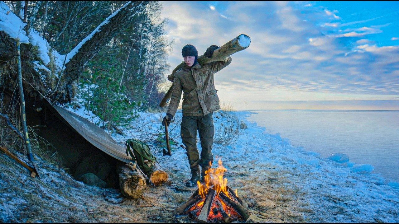 Frozen Seashore Bushcraft - Building a Dune Camp