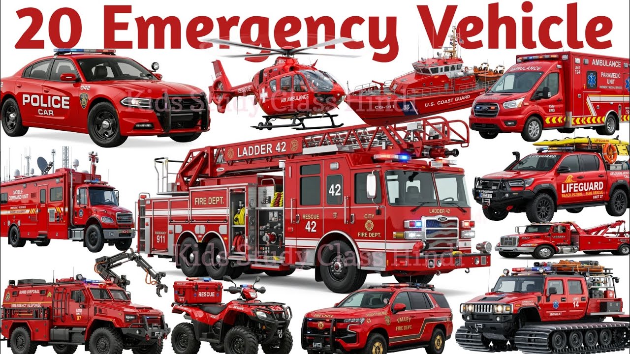 Learn 20 Emergency Vehicles for Kids | Ambulance Fire Truck Police Car | आपातकालीन वाहनों के नाम