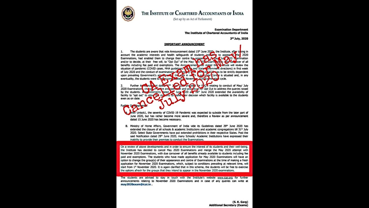 CA Exam Cancelled for July 2020 ICAI Released Announcement 03/07/2020 Merged with Nov, 2020 attempt