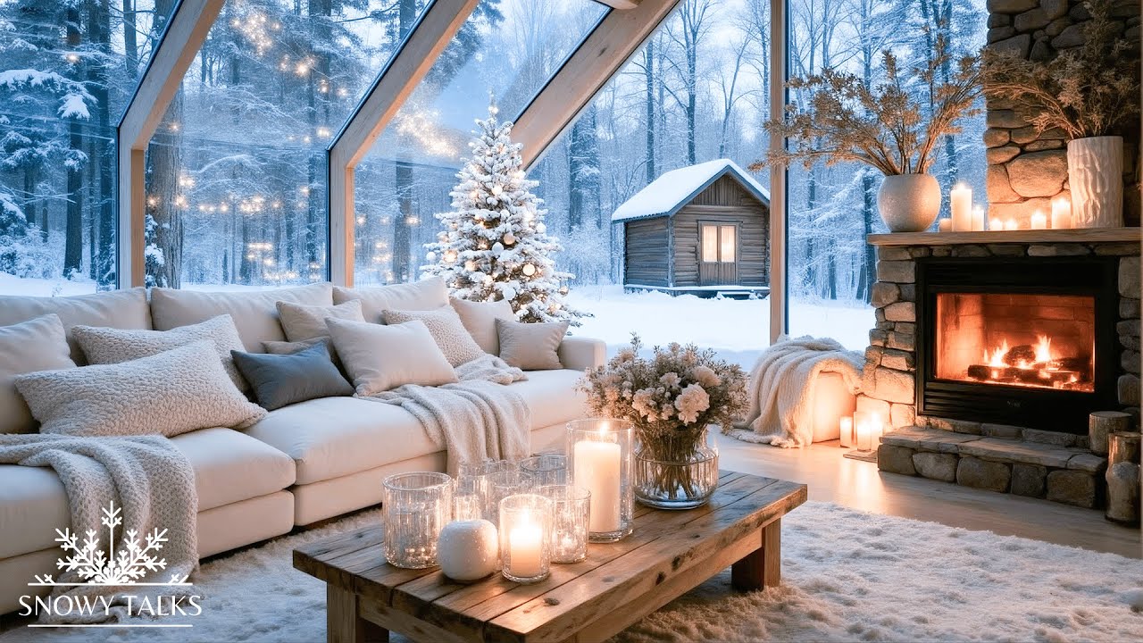 🤍 Minimal White Lounge Piano ❄️ Snowy Ambience & Cozy Fireplace | Focus Comfort Healing Deep Sleep