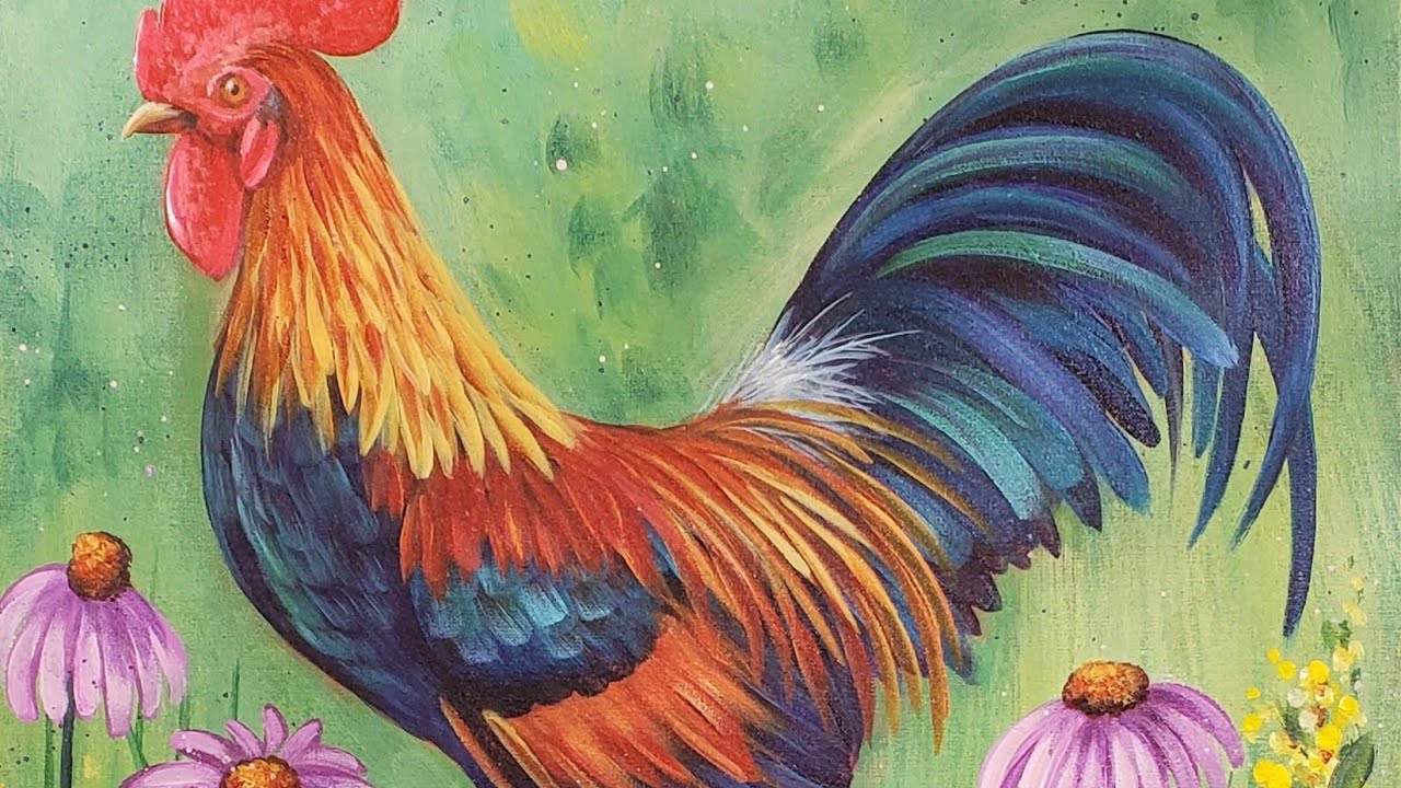 Rooster with Wildflowers Acrylic Painting LIVE Tutorial