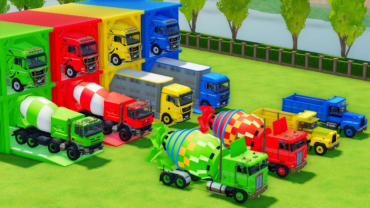 Garage with Colors - ALL MIXER TRUCK WITH DOUBLE FLATBED TRAILER TRUCK, TATRA, MAN, KENWORTH, MACK