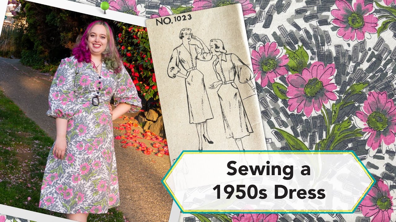Sewing a 1950s dress with bishop sleeves with vintage fabric | Vintage sewing project + sew with me